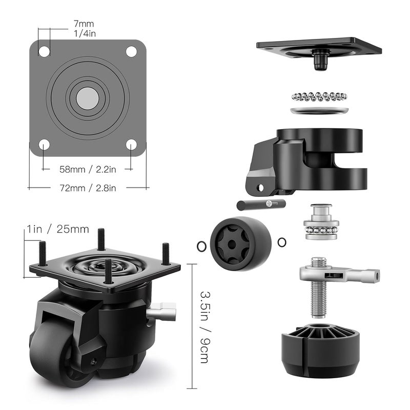 ANDUTEES 4 Pack Leveling Casters, Adjustable Heavy Duty Casters Set of 4, Swivel Plate Industrial Retractable Caster Wheels for Workbench,Machine, Equipment, Shelves (60F, 2200 Lbs Capacity, Black) - Image 3